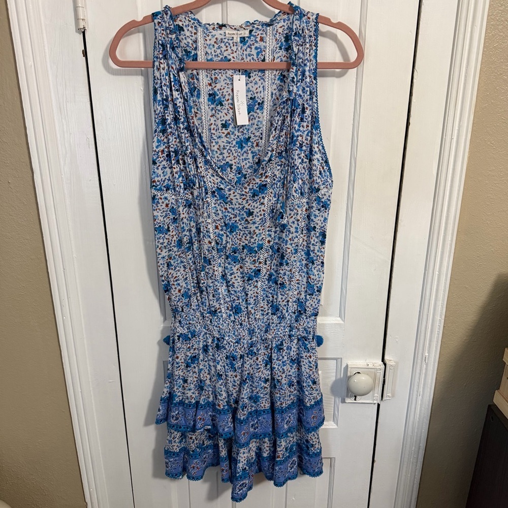 Poupette St Barth Amora Layered Mini Dress White Blue Watercolor Small C